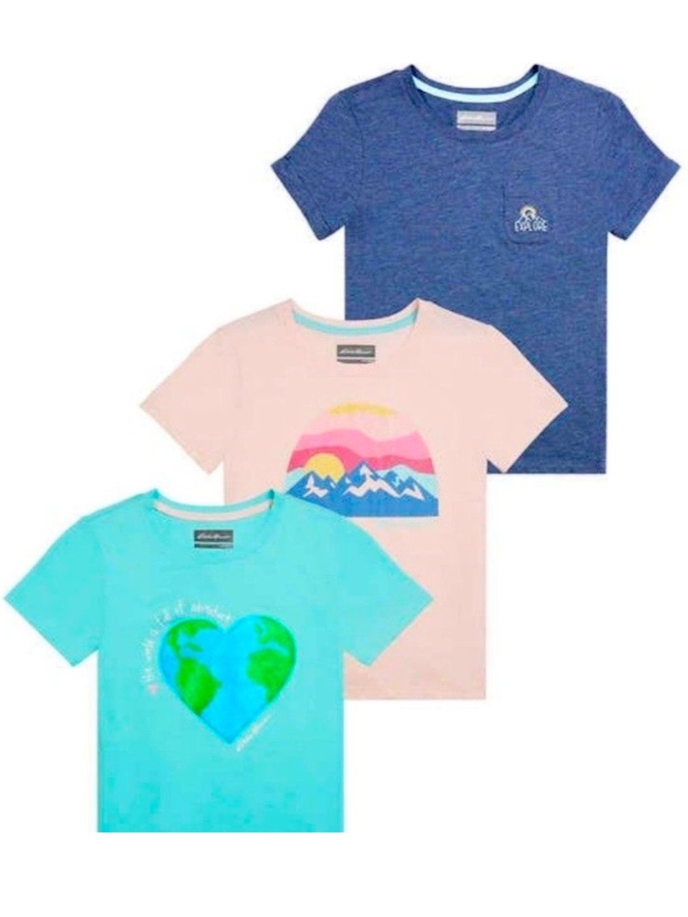 Eddie Bauer Youth Girls 3-pack T-shirt set BLUE PINK AQUA - size Small ( 7/8 )